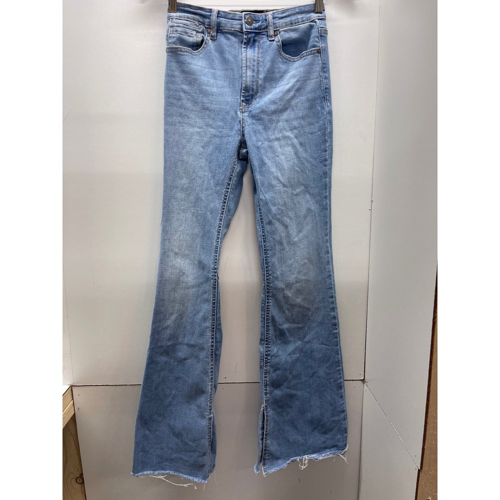 Stradivarius‎ Womens High Waisted Flare Jeans Light Wash Blue Raw Hem Size 4